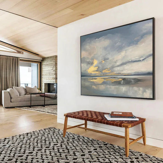 Exploring the Tranquility of Cloudy Sky & Calm Sea: An Abstract Landscape Painting that Evokes Stillness and Reflection