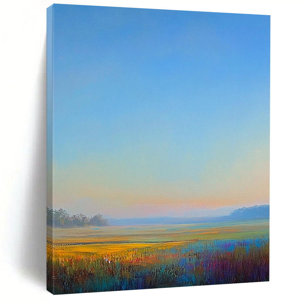 Contemporary hand-painted abstract artwork captures tranquil morning light over a serene landscape with soft hues of blue green pink and yellow. DLZ1488