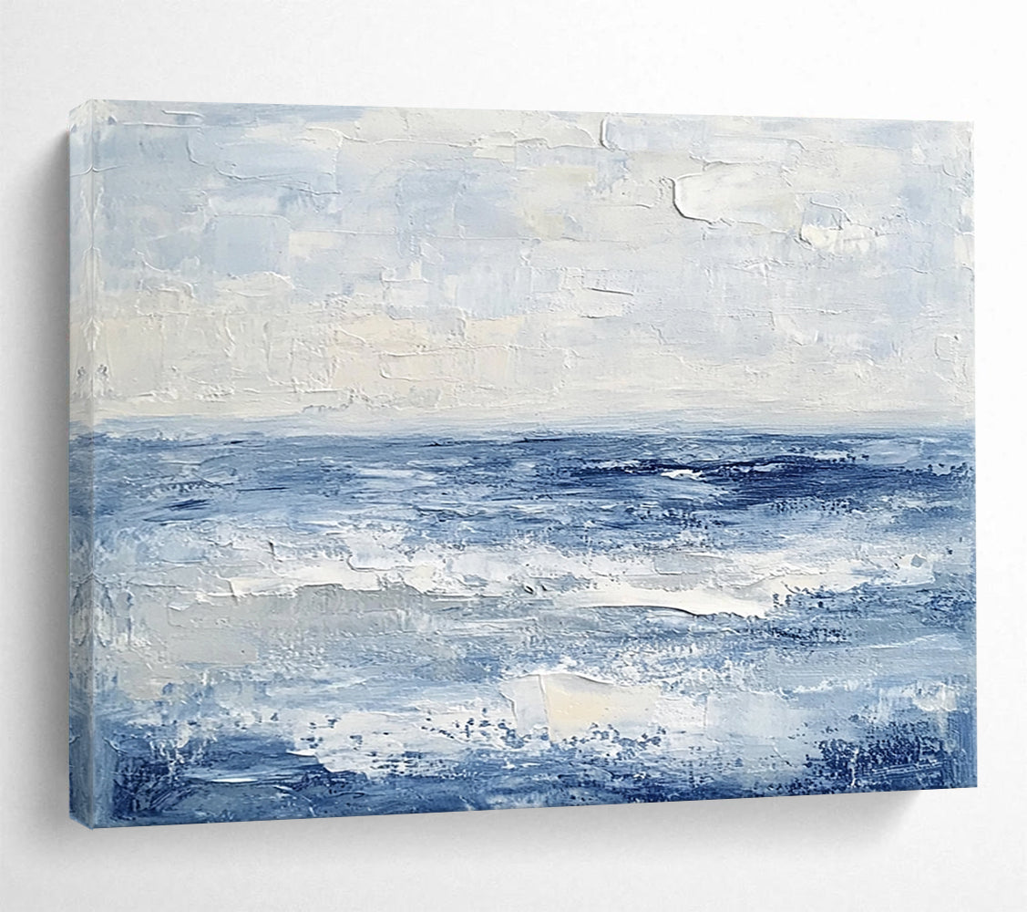 “Textured Blue Ocean” - Shades of blue, white; Abstract ocean waves; Impasto Oil Painting On Canvas HB1192