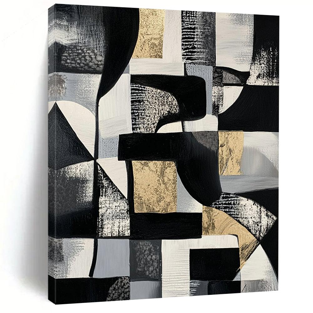 Black, White, Gray and Gold Abstract Composition "Monochrome Luxury" Painting On Canvas HB340