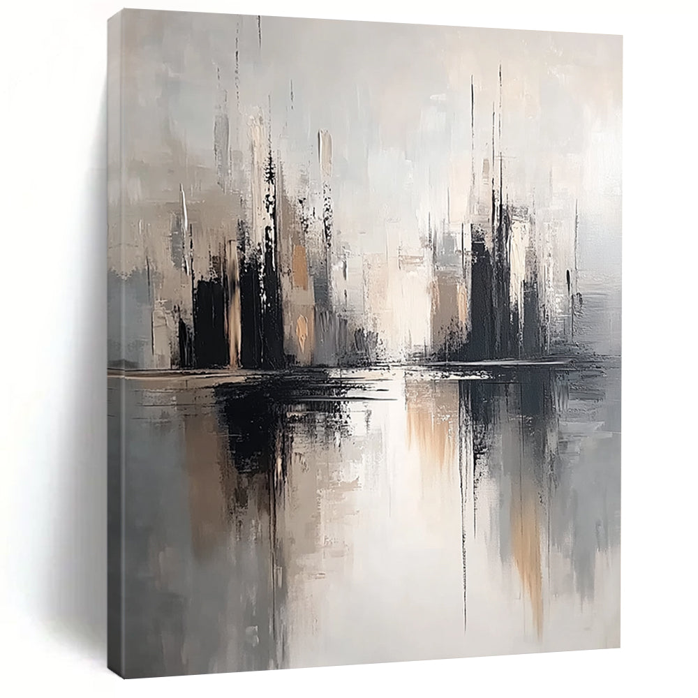 Contemporary hand-painted abstract artwork featuring soft gray tones and a neutral palette with detailed textures and minimalist design on a white background. DLZ0810