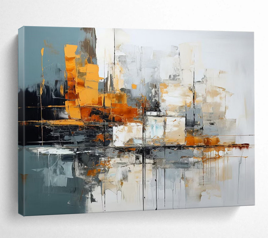 Grey - Orange Abstract Cityscape - Modern Living Room Centerpiece DLZ002