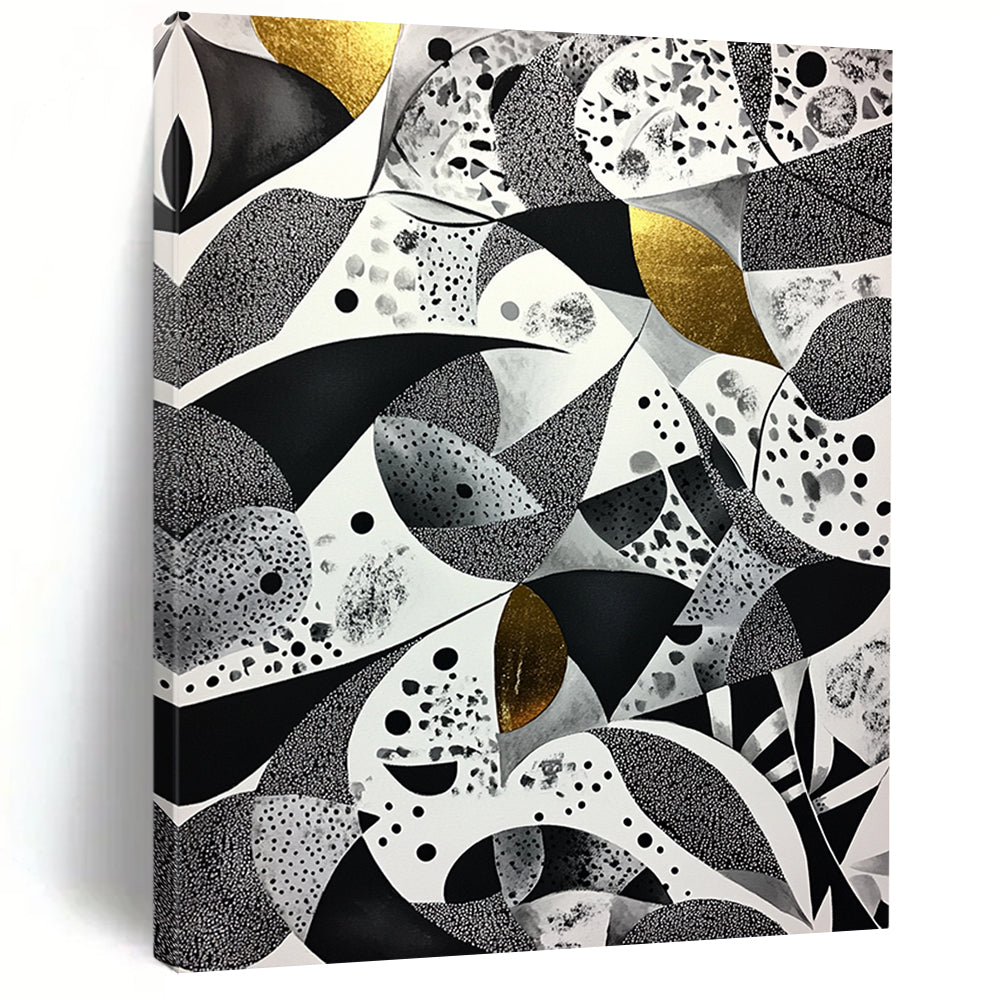 Black, White, Gray and Gold Abstract Patterns "Opulent Mosaic" Painting On Canvas HB332