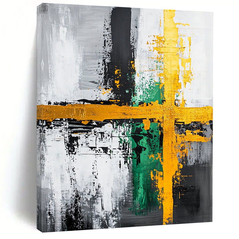 Gray, Black, Gold, Green and White Abstract Cross "Vibrant Crossroads" Painting On Canvas HB350