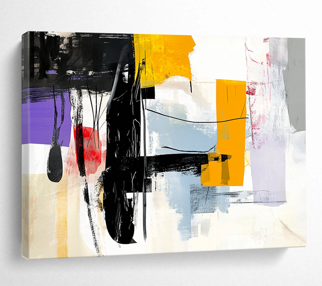 “Abstract Black, Yellow, and Colorful Shapes” - Black, Yellow, Colorful Palette, Abstract Shapes Painting On Canvas HB0863