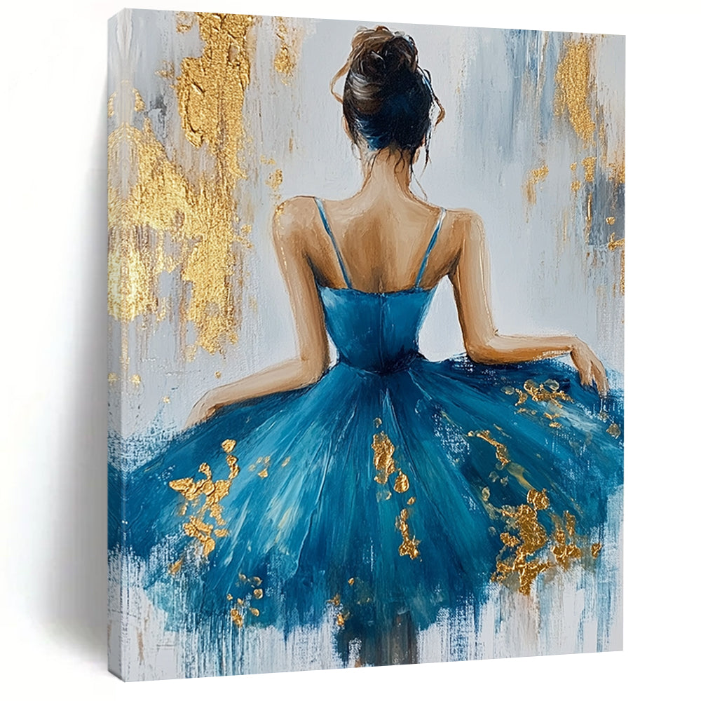 Contemporary abstract artwork featuring a ballerina in a blue dress adorned with gold leaf on textured white canvas background. DLZ0466