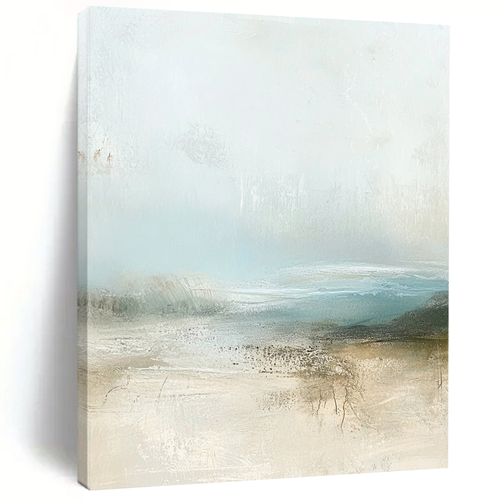 Contemporary abstract painting featuring muted pastel colors and calming beige and pale blue tones with soft atmospheric clouds. DLZ0282