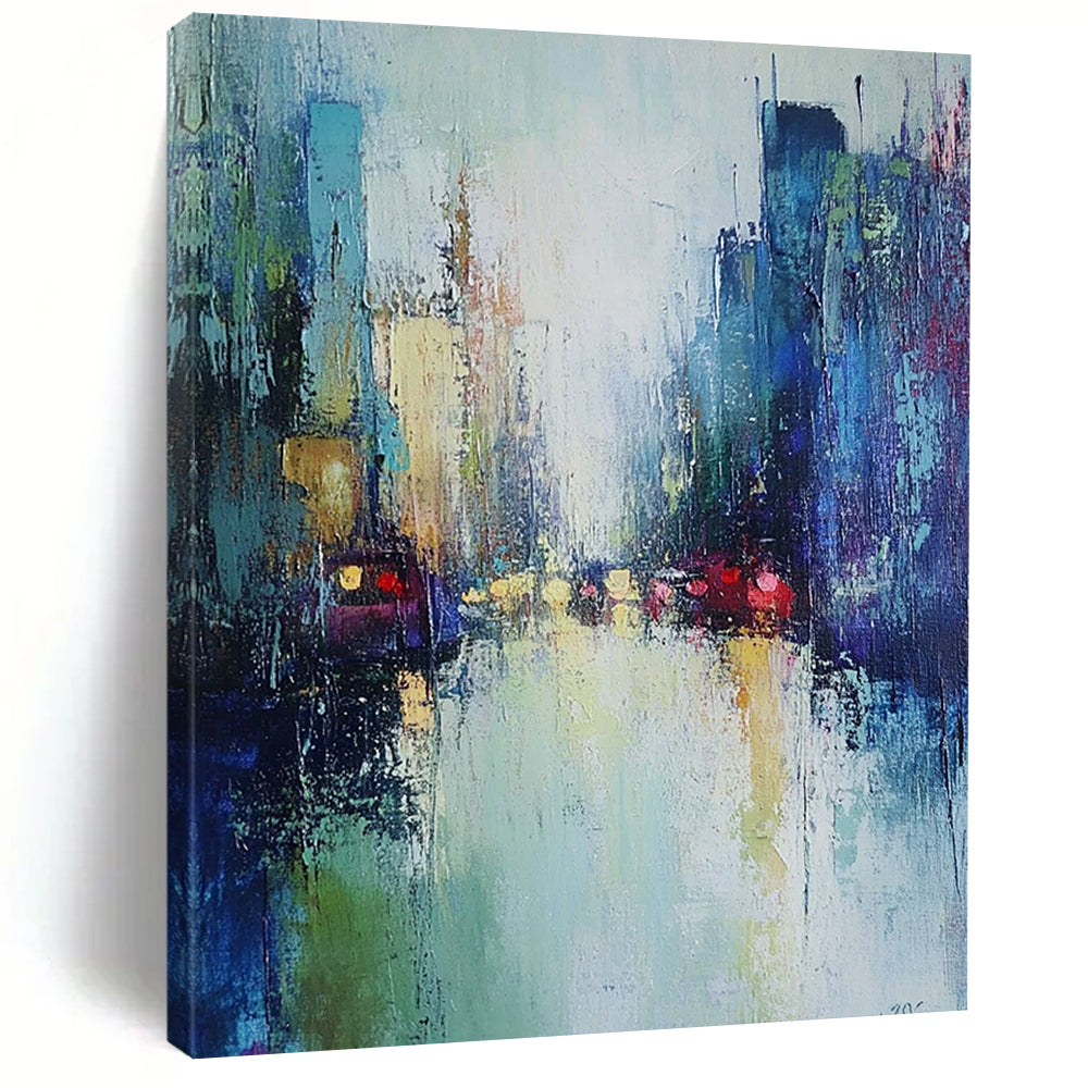 Contemporary hand-painted abstract art featuring a misty cityscape in soft greens and blues, enhanced by loose brushwork for an atmospheric effect. DLZ0604
