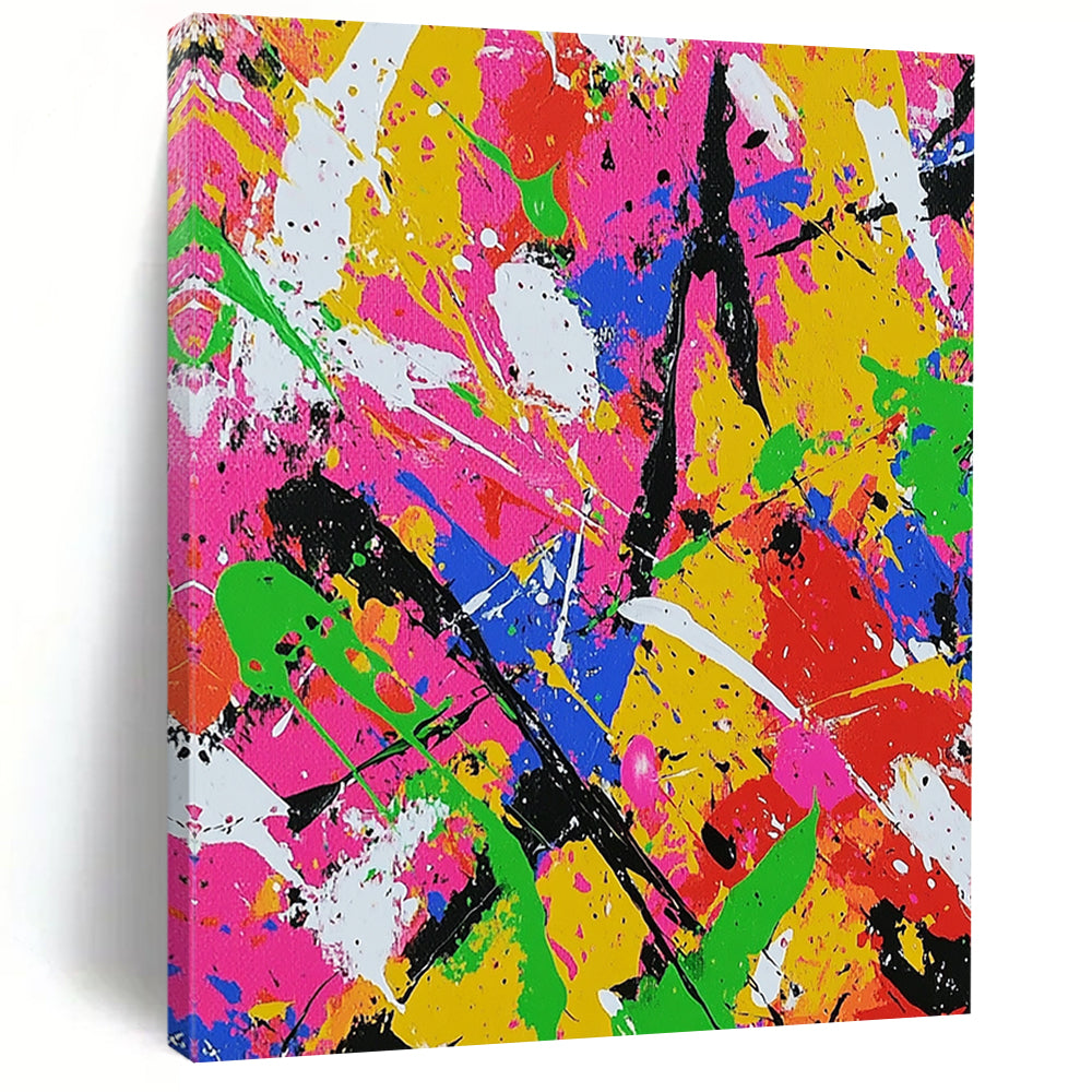 Dynamic contemporary abstract art featuring chaotic splatter in neon colors with bold brushstrokes evokes joy and energy for vibrant spaces. DLZ1256