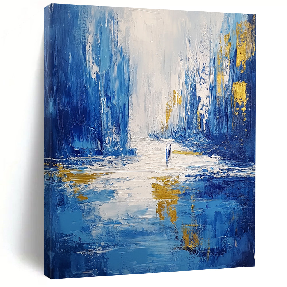 Contemporary abstract artwork featuring thick cold blue brush strokes depicting an icy cityscape with dynamic highlights and reflections on flowing water. DLZ0350