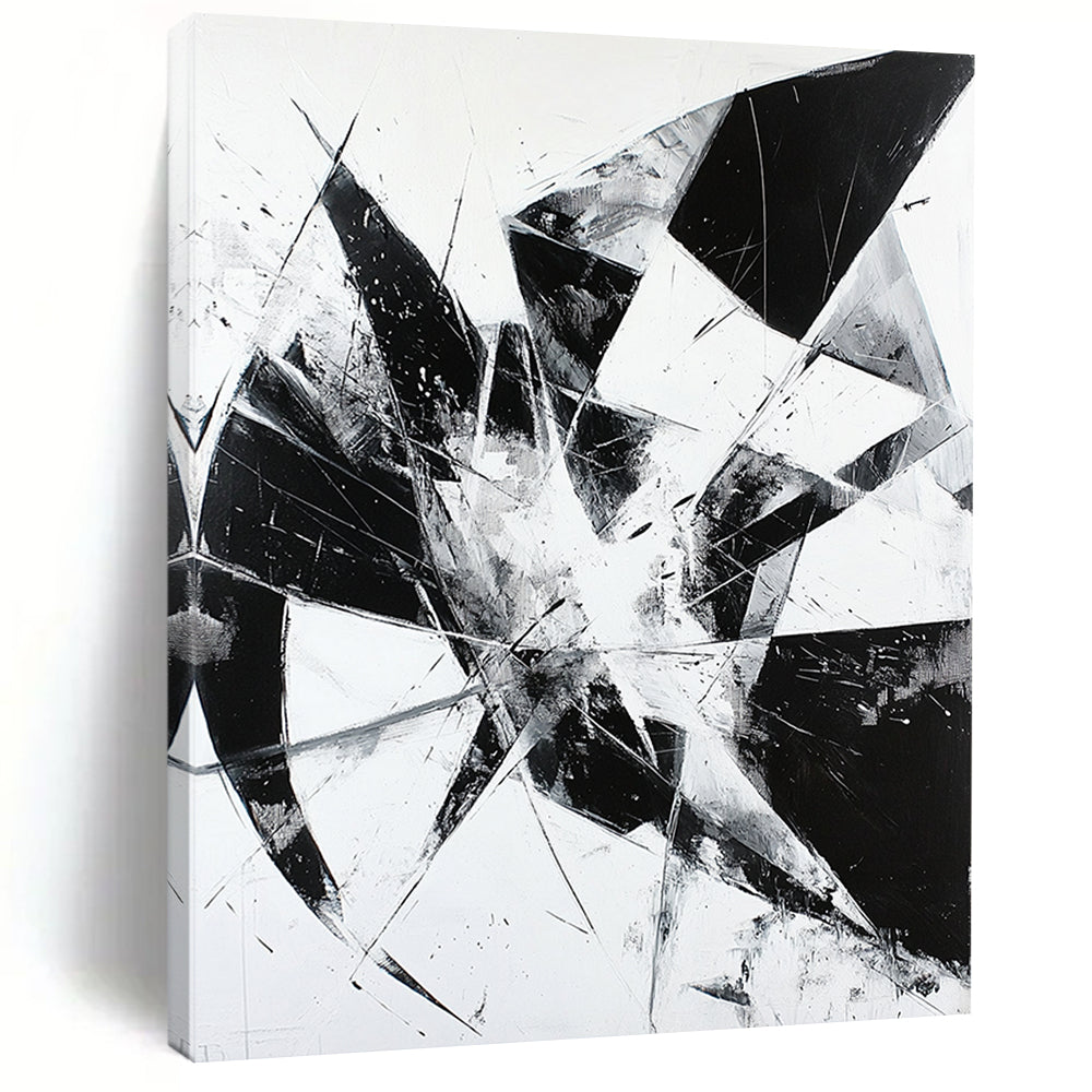 Black and White Geometric Shards "Broken Order" Painting On Canvas HB268