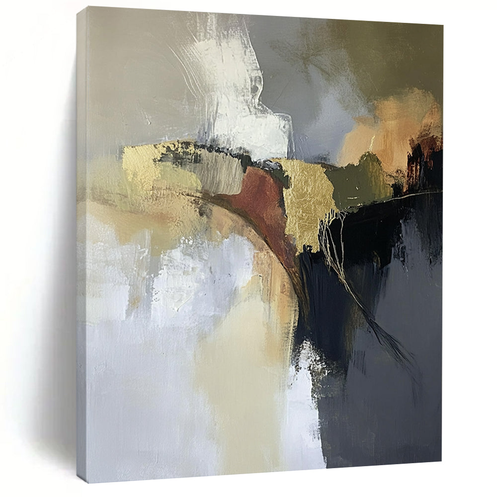 Contemporary hand-painted abstract artwork featuring aerial landscapes in neutral tones with gold and brown accents creating a dreamy atmospheric effect. DLZ0449