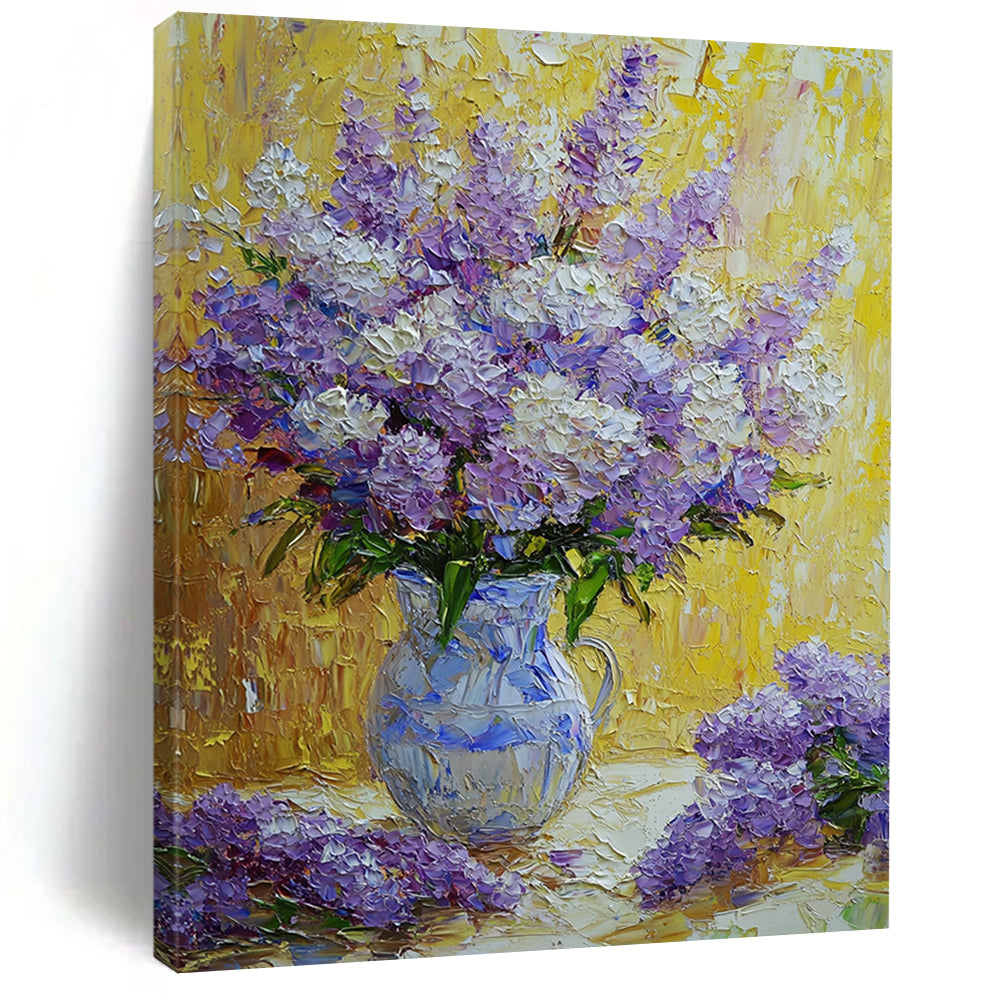 Contemporary hand-painted abstract art featuring vibrant purple and white flowers in a rich impressionist style with soft textured petals and a beautiful yellow background. DLZ1288