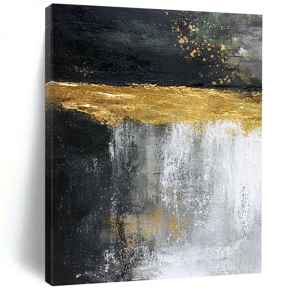 Contemporary hand-painted abstract artwork featuring cascading water, vibrant light yellow glaze, and dark rock contrasts, evoking natural beauty in dynamic movement. DLZ1208