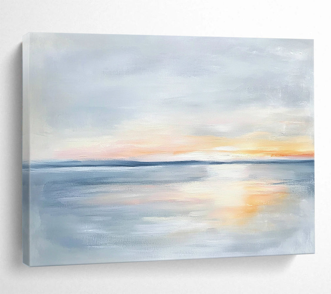 “Pastel Sea Sunset” - Soft Gray, Orange, Pink, Tranquil Seascape Painting On Canvas HB1005
