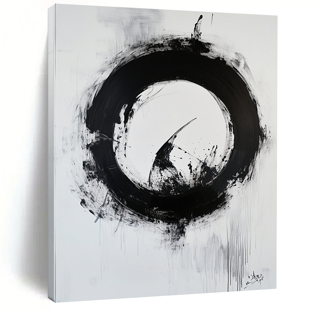 Black and White Textured Circle "Rough Enlightenment" Painting On Canvas HB265
