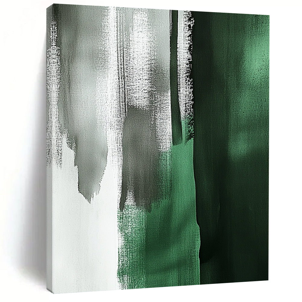 Large contemporary abstract painting featuring emerald green and gray brushstrokes with a minimalist Japandi aesthetic in a vertical format. DLZ1624