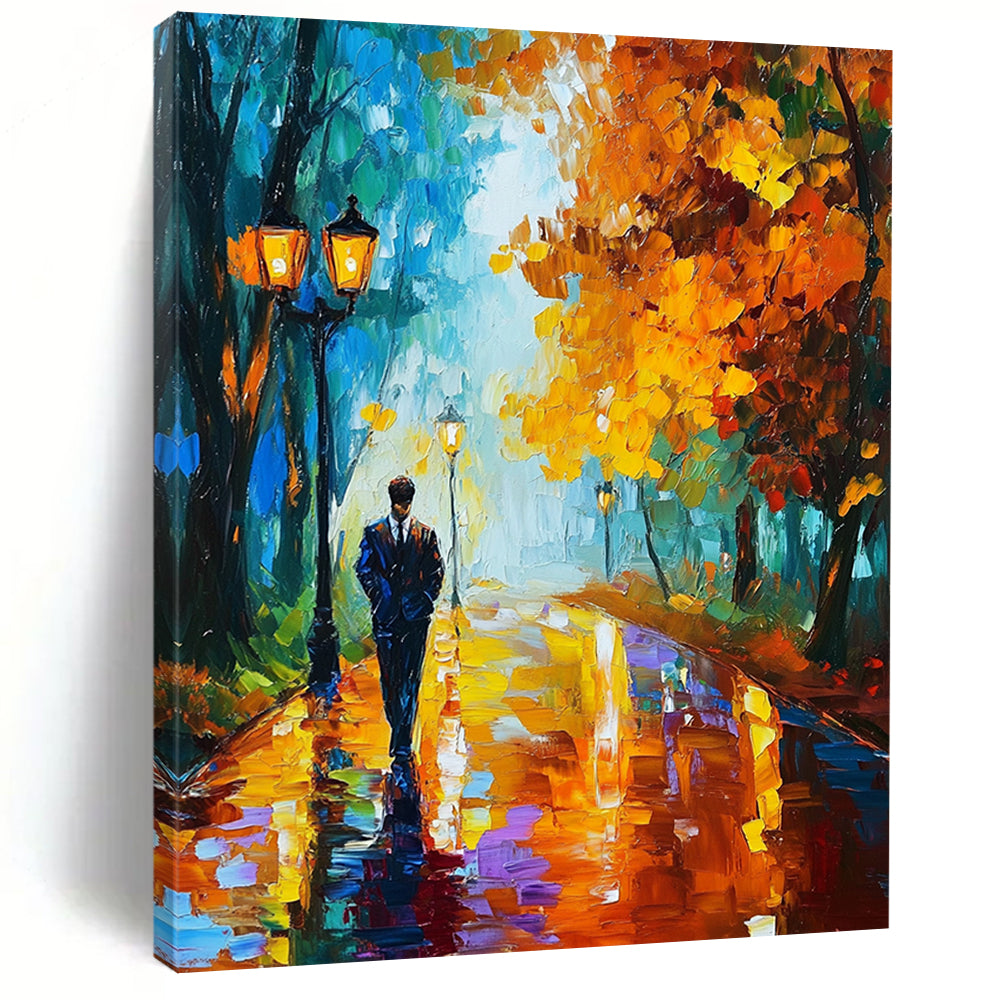 Vibrant contemporary abstract painting of a man strolling through an autumn park filled with colorful trees and glowing street lamps reflecting rain on his suit. DLZ1305