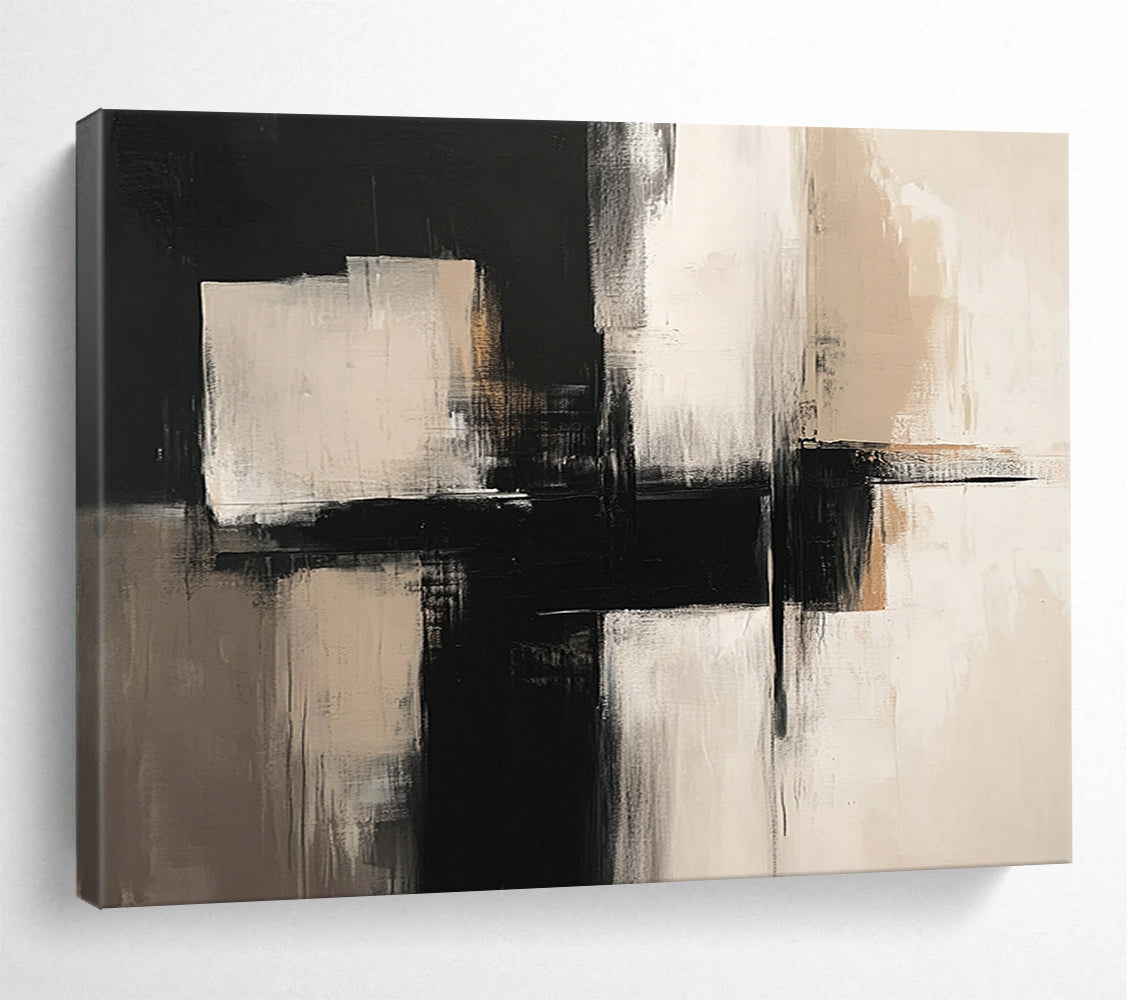 “Monochrome Geometry” - Black, White, Beige, Abstract Forms - Minimalist Acrylic Painting HB1517