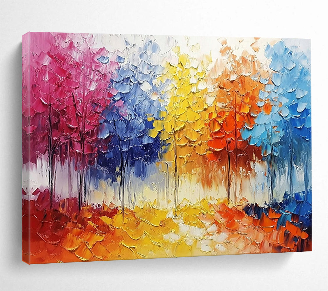 “Colorful Textured Forest” - Colorful Palette, Textured Tree Landscape Painting On Canvas HB0856