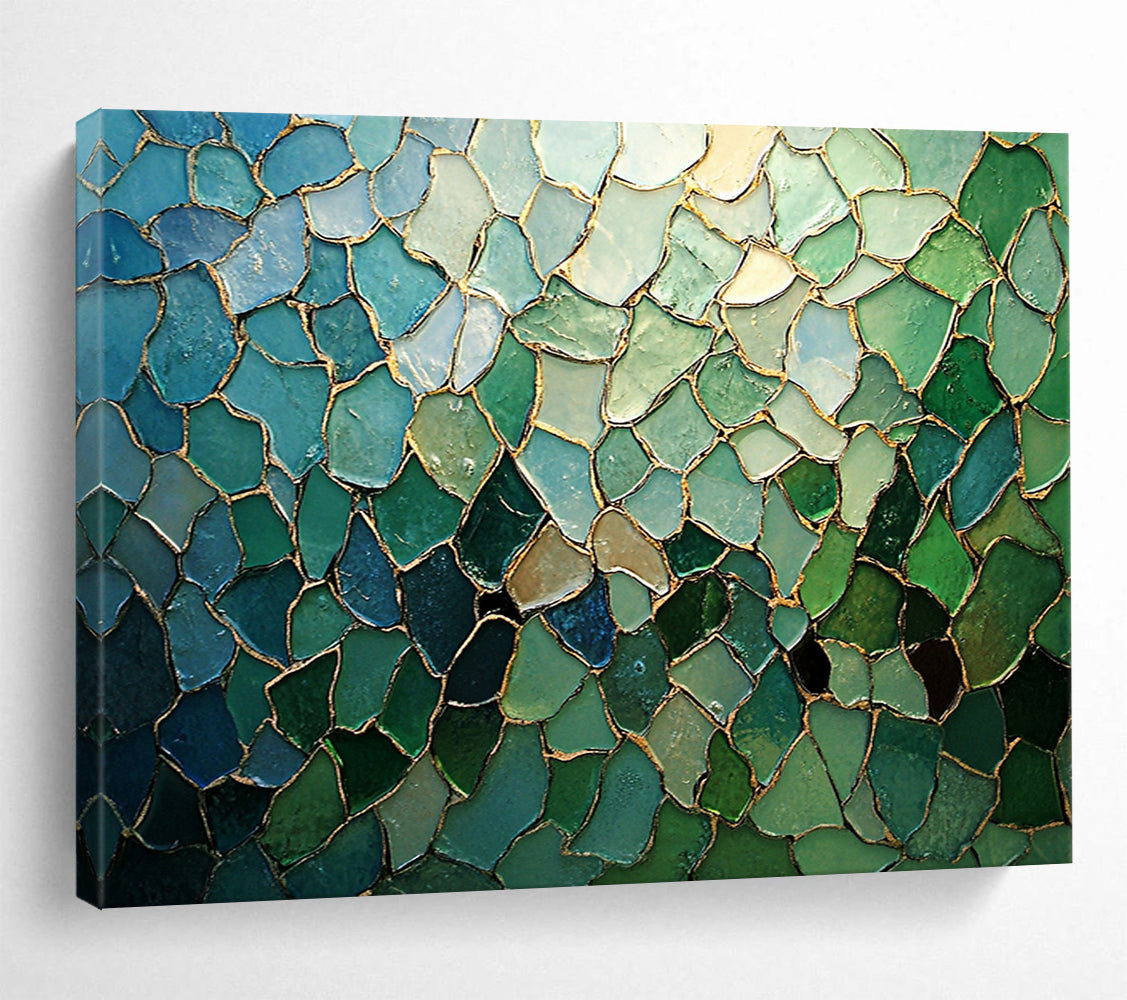 “Blue - Green Mosaic with Gold Lines” - Blue, Green, Gold, Irregular Mosaic Pieces - Mosaic Art HB1676