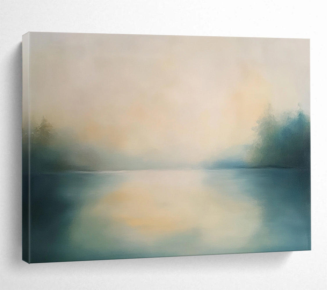 “Misty Lake Serenity” - Blue, Beige, Green, Misty Lake Landscape Painting On Canvas HB0993