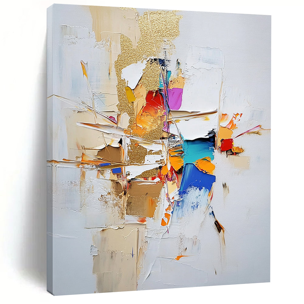 Contemporary large abstract painting featuring gold leaf and textured strokes in neutral tones with vibrant accents on a white background. DLZ0744