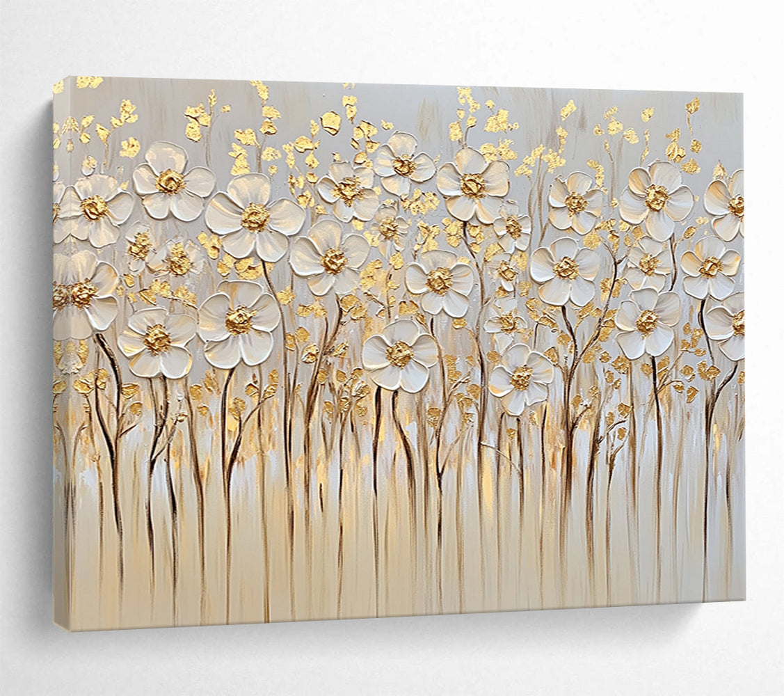 “Gold - Accented White Flowers” - White, Gold, Beige, Textured White Flowers with Gold Details - Impasto Oil Painting HB1781