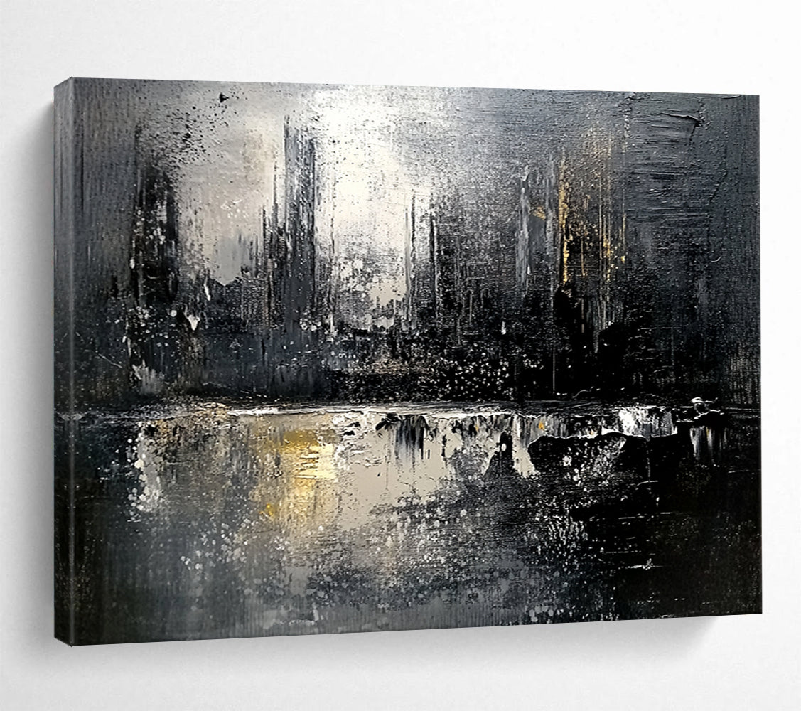 “Monochrome Cityscape Reflection” - Black, White, Gold, Abstract City Reflection HB1129