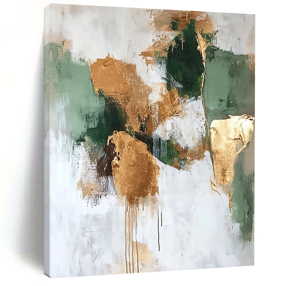Contemporary abstract artwork features neutral greens and browns with gold foil accents on a white background, perfect for modern decor. DLZ0681