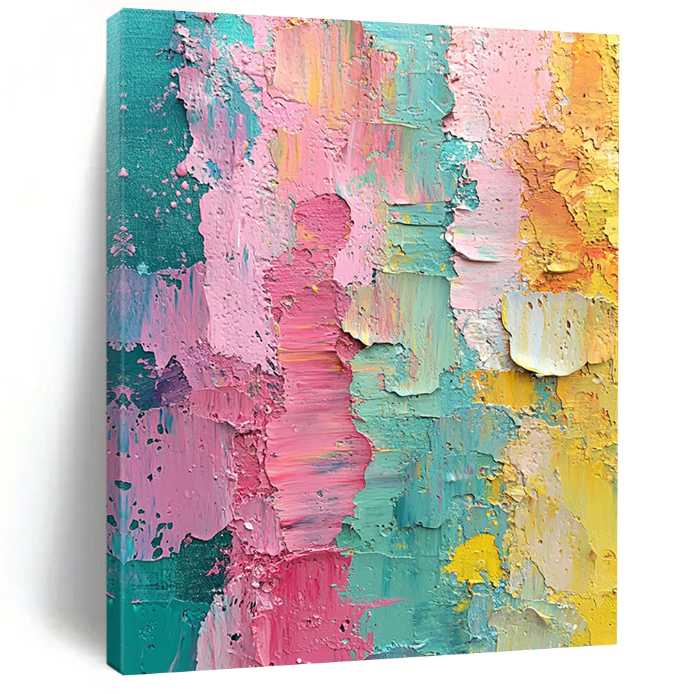 Contemporary hand-painted abstract artwork featuring vibrant pink green yellow and teal layers with textured brushstrokes and the word blessed at its center. DLZ1248