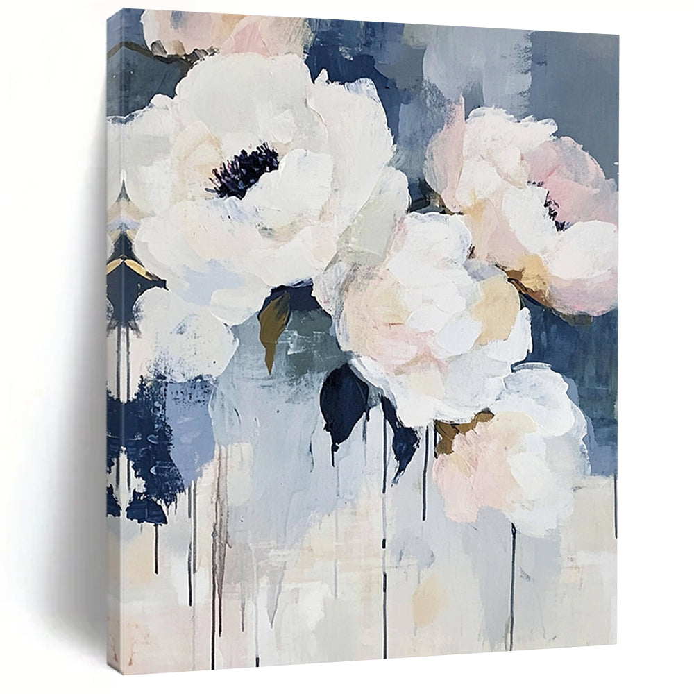 Contemporary abstract art featuring large brush strokes with light blue and white flowers such as peonies and roses accented by navy tones. DLZ0380