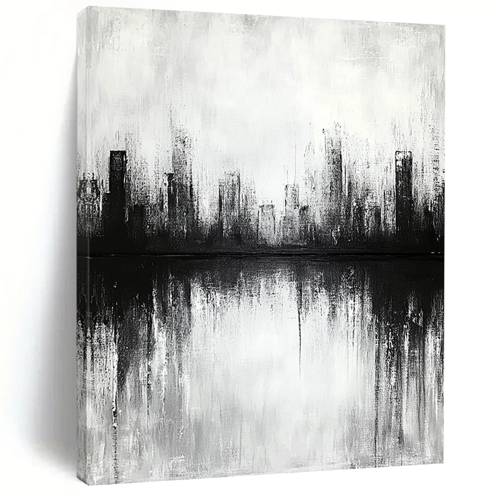 Contemporary abstract artwork featuring a cityscape with lake reflections soft focus and neutral tones creating a tranquil and contemplative atmosphere. DLZ0301
