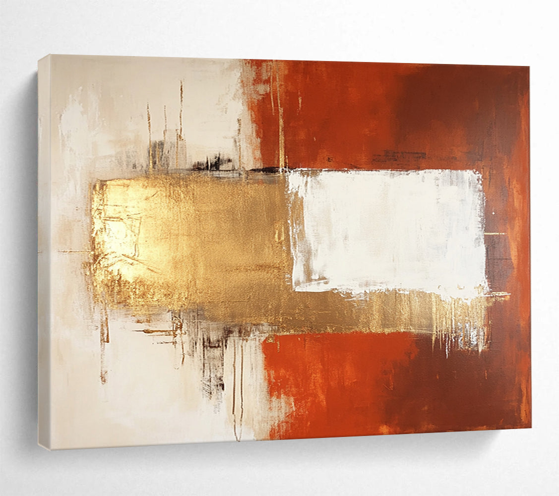 “Elegant Geometric Fusion in Orange, Gold, and White” - Orange, gold, white; Abstract geometric blocks; Acrylic Painting On Canvas HB1226