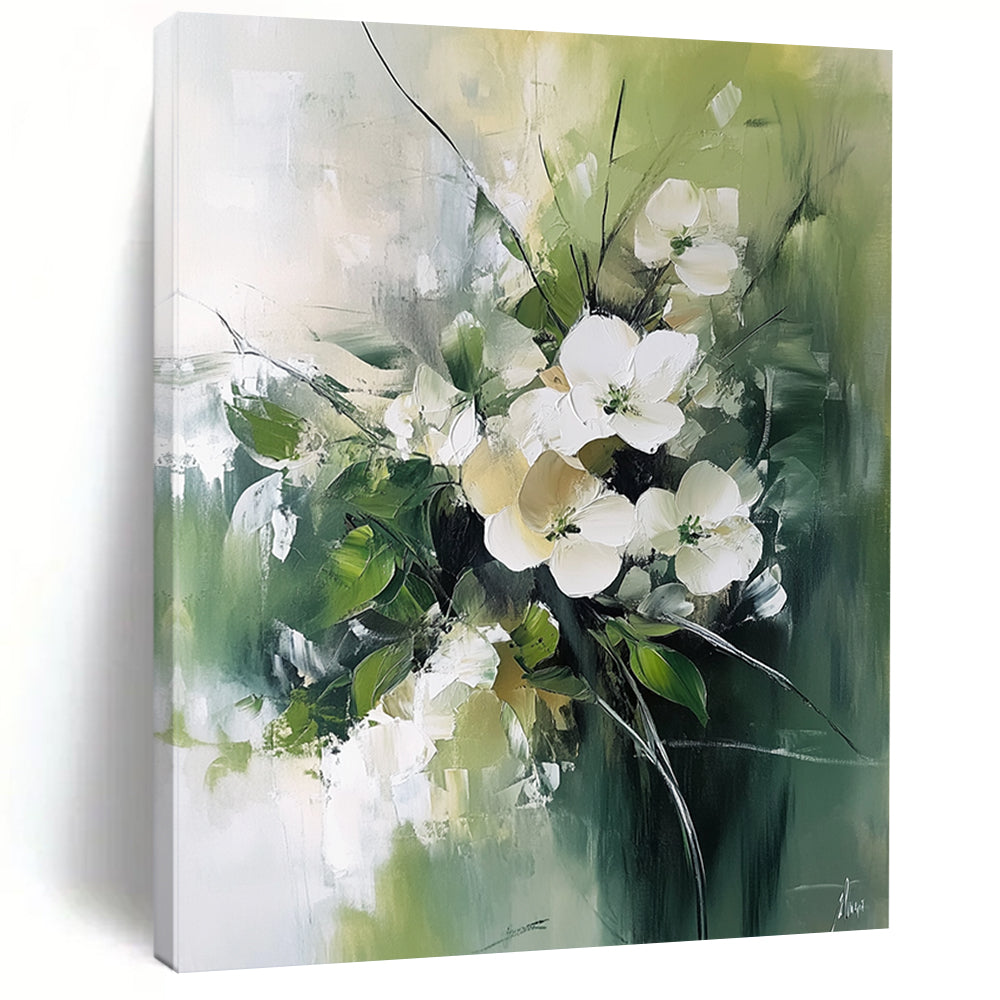 Contemporary abstract painting features white flowers and green leaves with a luminous palette and blurred edges on a neutral green background. DLZ0670