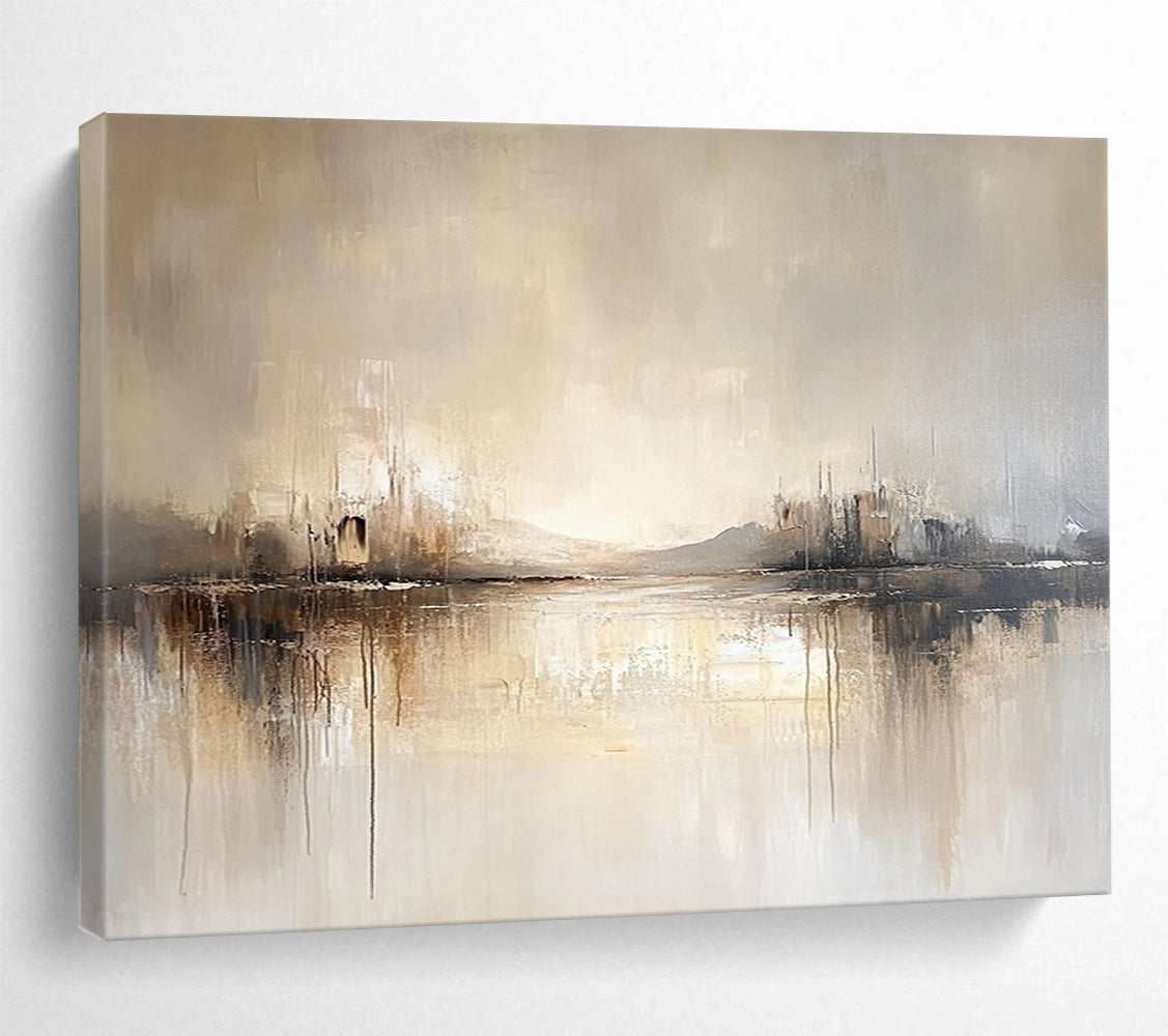 “Neutral Lake Reflection” - Beige, Gray, Subtle Peaks and Reflective Lake Painting On Canvas HB0931