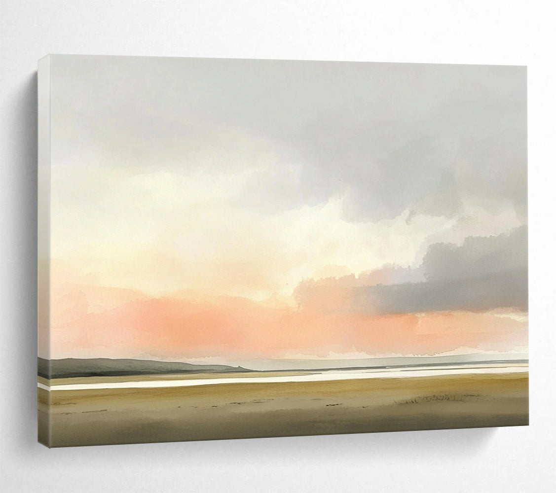 “Pastel Sunset Landscape” - Pink, Orange, Gray, Brown, Hazy Sunset Over a Plain - Watercolor Painting HB1775
