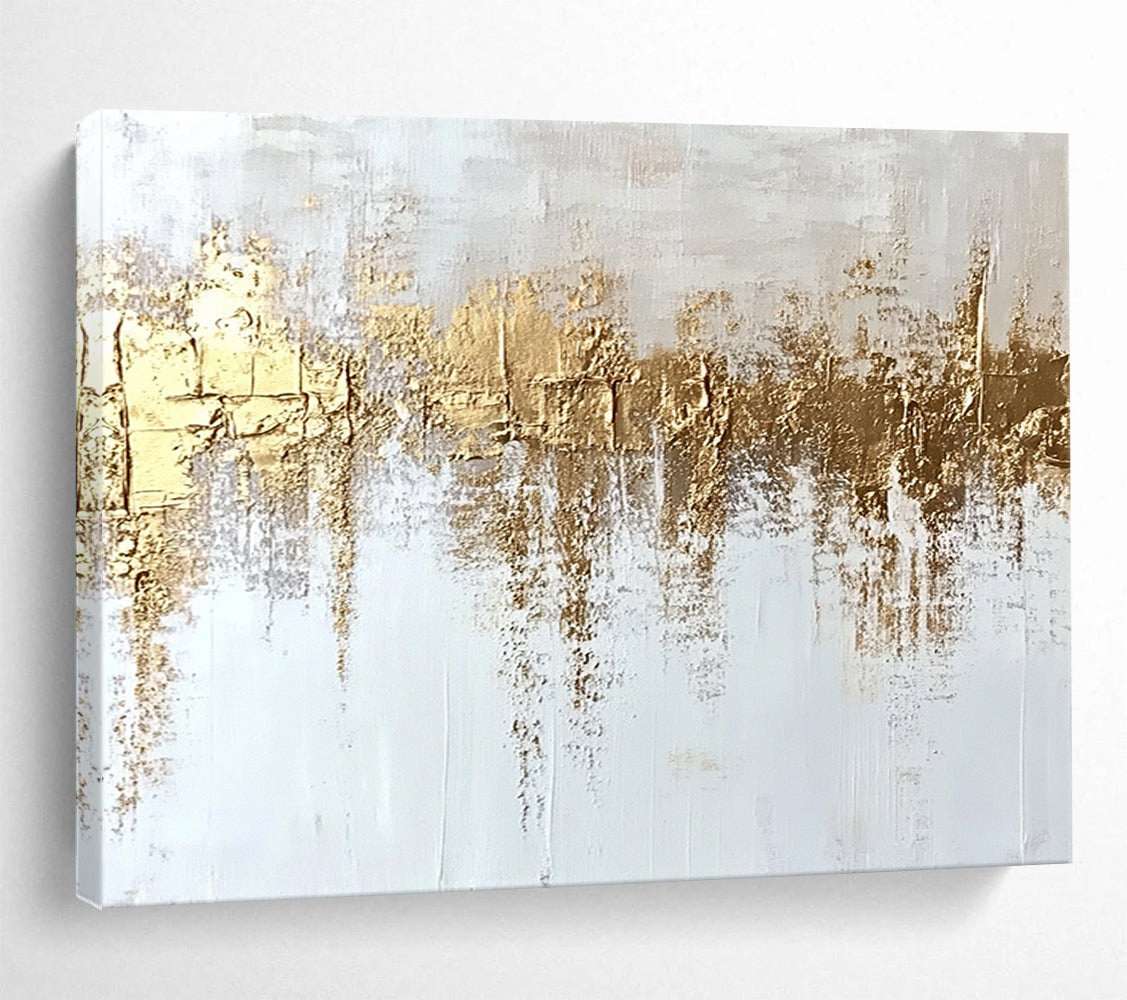 “Gold - Textured White Abstract” - White, Gold, Textured Abstract Layers Painting On Canvas HB0884