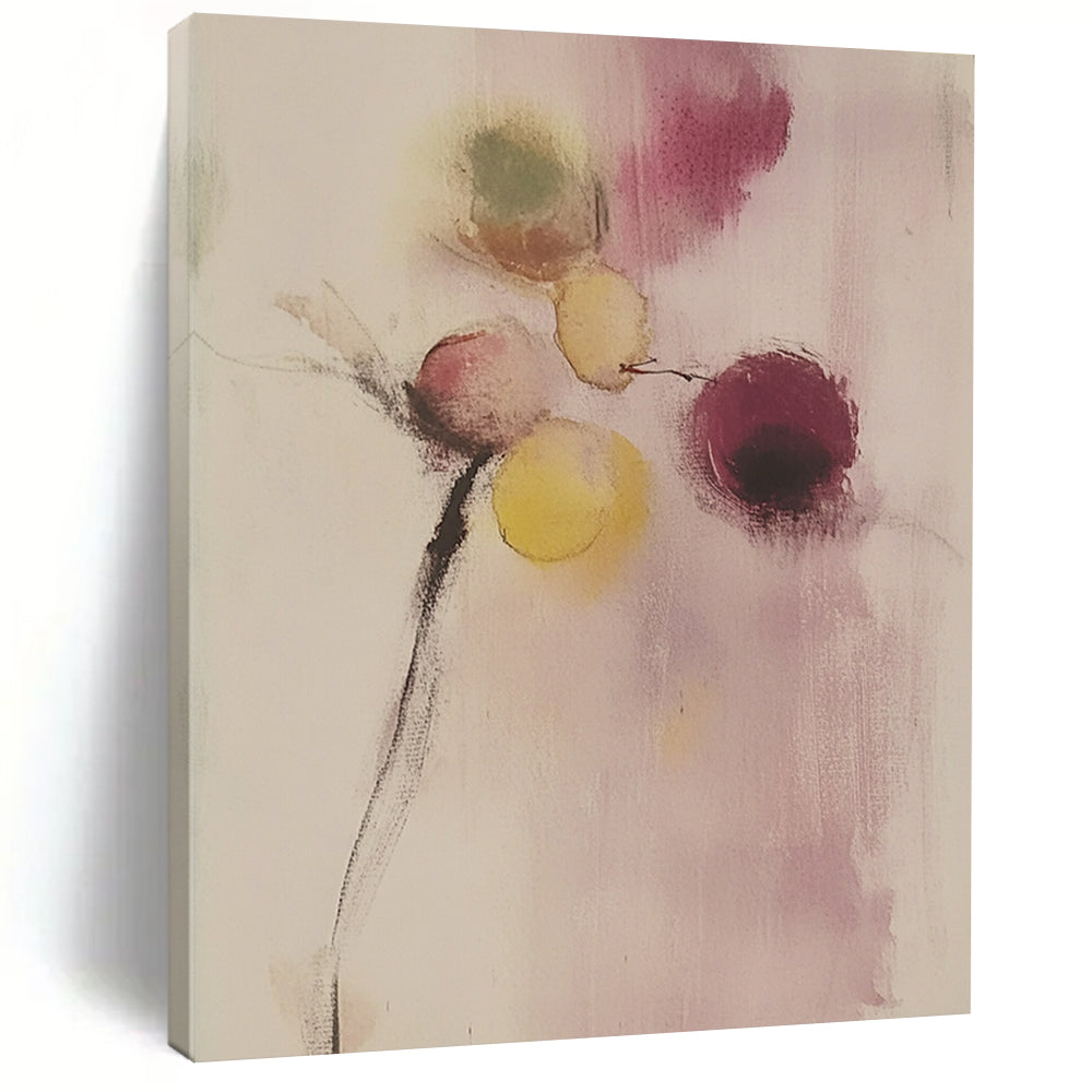 Contemporary abstract painting featuring delicate flowers and fruits in soft colors on a pale pink background reminiscent of Zao Wou-Ki and Jean Cocteau. DLZ0815