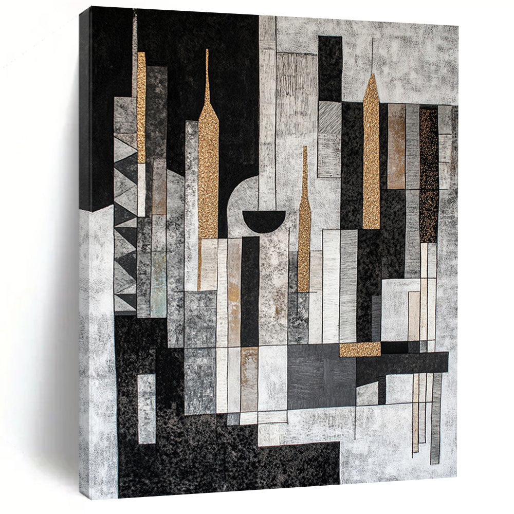 Black, Gray, Beige and Gold Abstract Cityscape "Urban Mosaic" Painting On Canvas HB317
