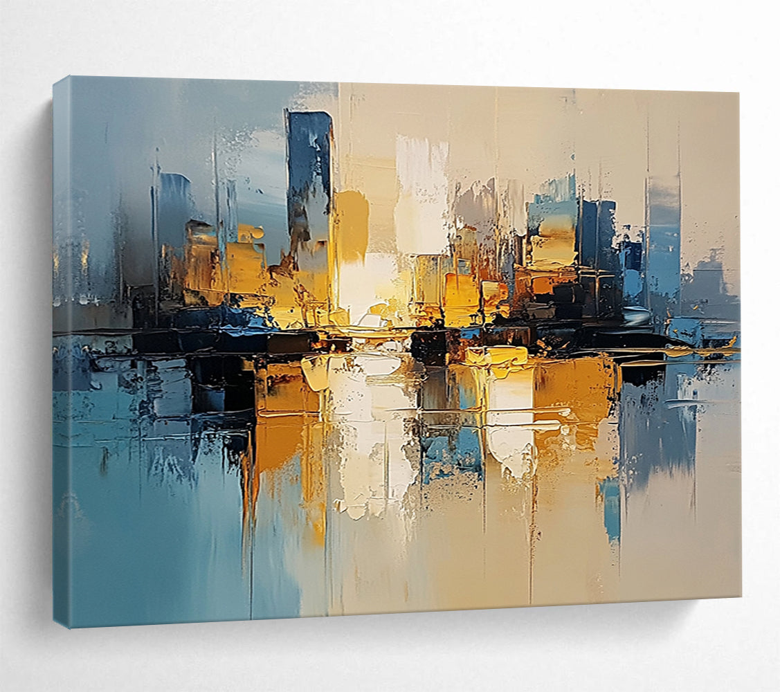 “Golden Skyline” - Blues, golds, whites; Abstract cityscape glowing at dusk; Impasto Oil Painting On Canvas HB1180