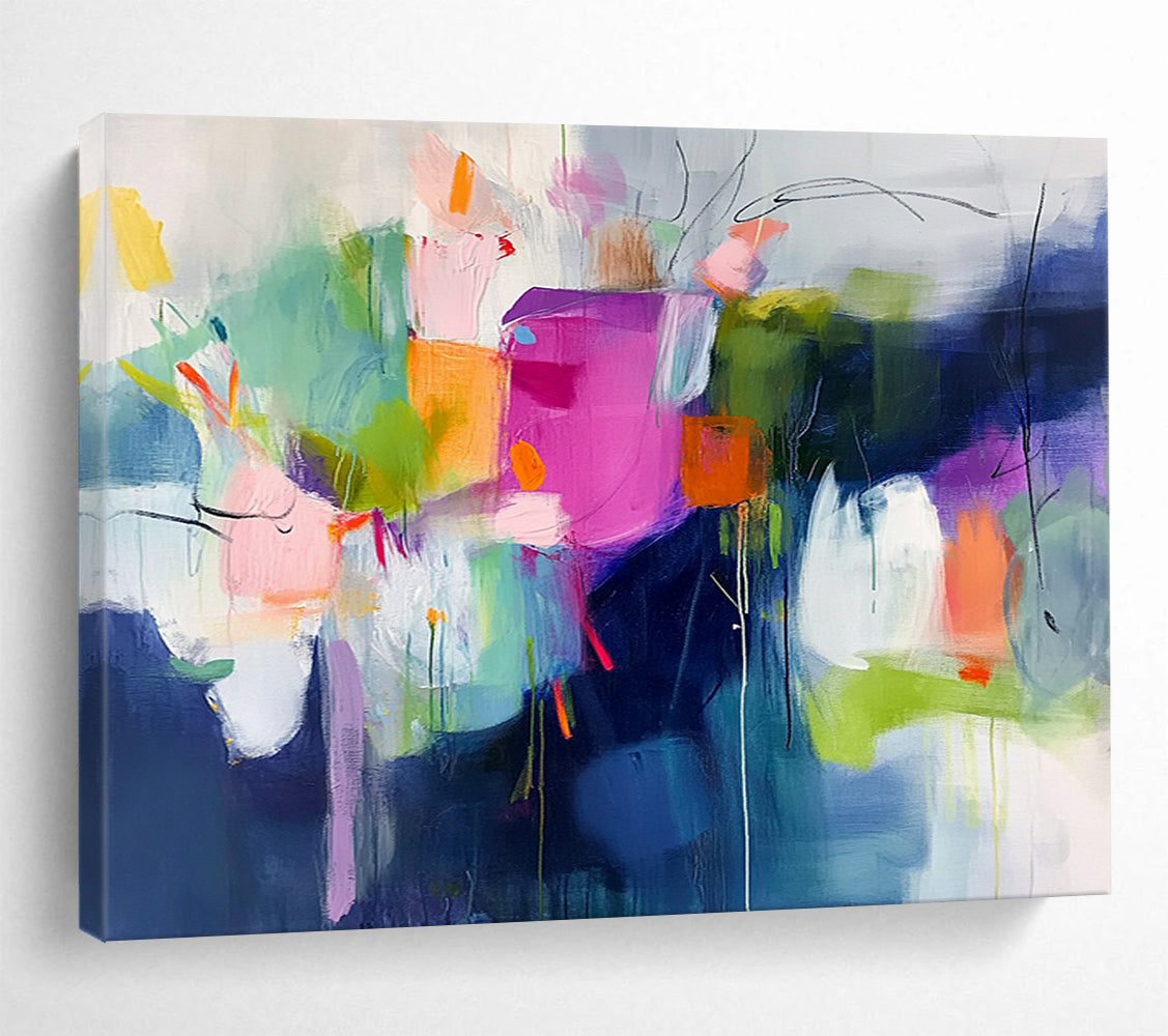 “Colorful Abstract Blooms” - Pink, Green, Orange, Abstract Floral Forms - Fauvist Acrylic Painting HB1523