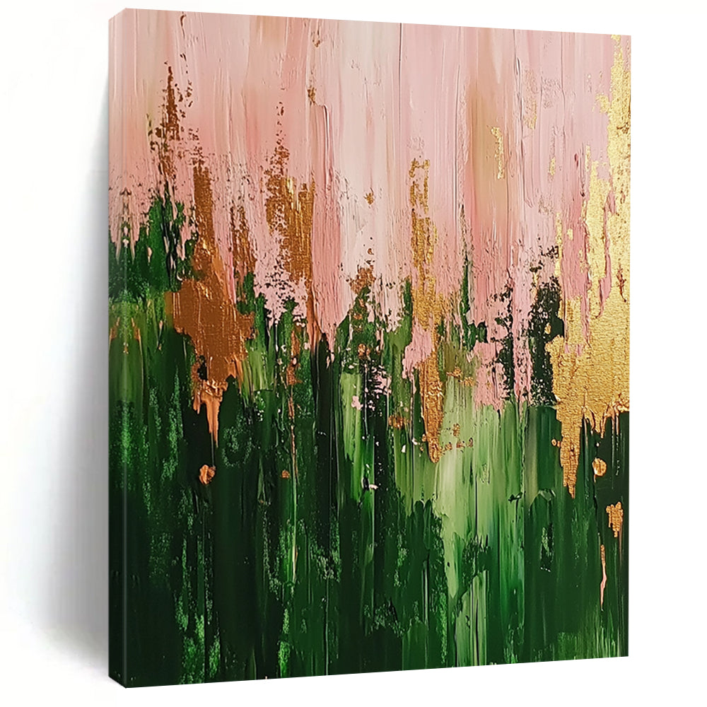 Contemporary abstract artwork featuring a vibrant forest in green and pink hues highlighted with gold accents and dynamic brush strokes. DLZ0904