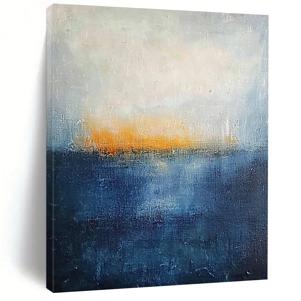 Contemporary abstract painting featuring thick textured layers in dark blue and yellow hues evoking a serene landscape with a tranquil sea and foggy horizon. DLZ0356