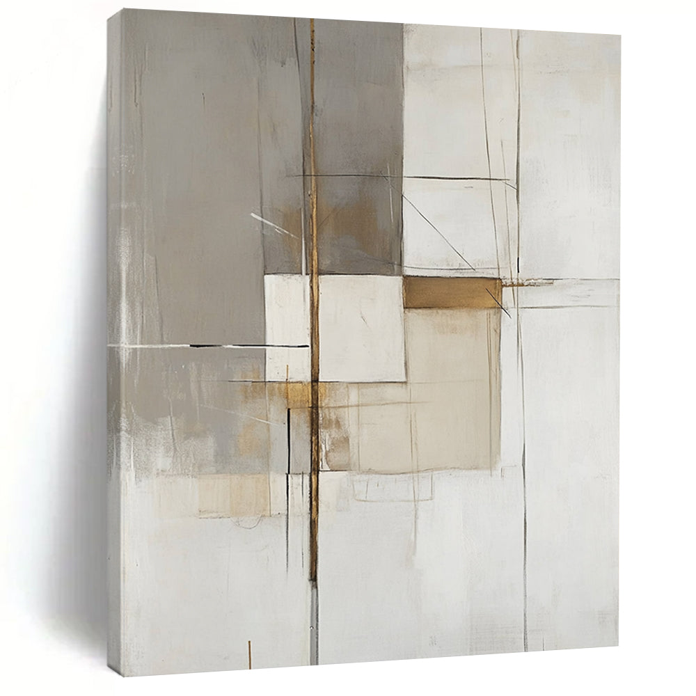 Large contemporary hand-painted abstract artwork features white gray and beige organic shapes with gold accents and heavy brushwork on a minimalist background. DLZ1742
