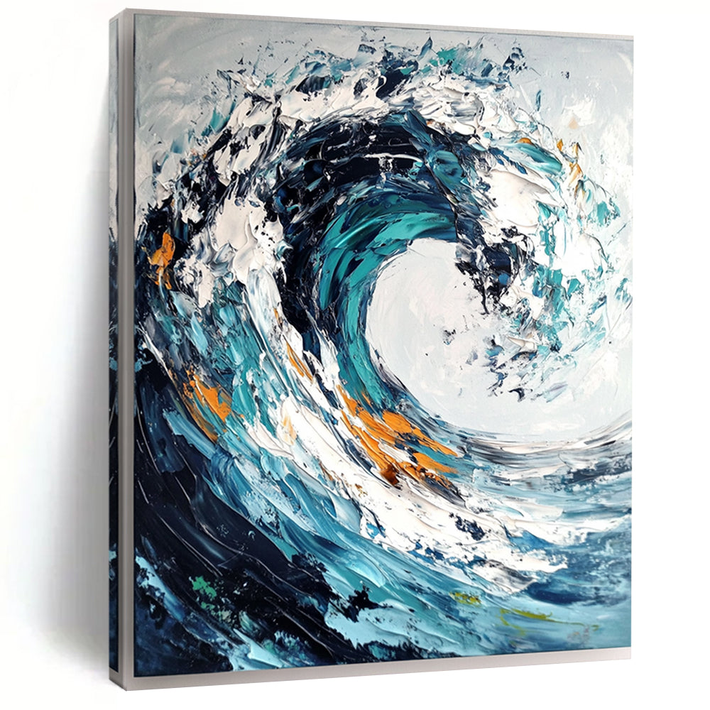 Contemporary abstract painting showcasing ocean wave with impasto brush strokes and palette knife in dark blue and teal swirls on white background. DLZ0580