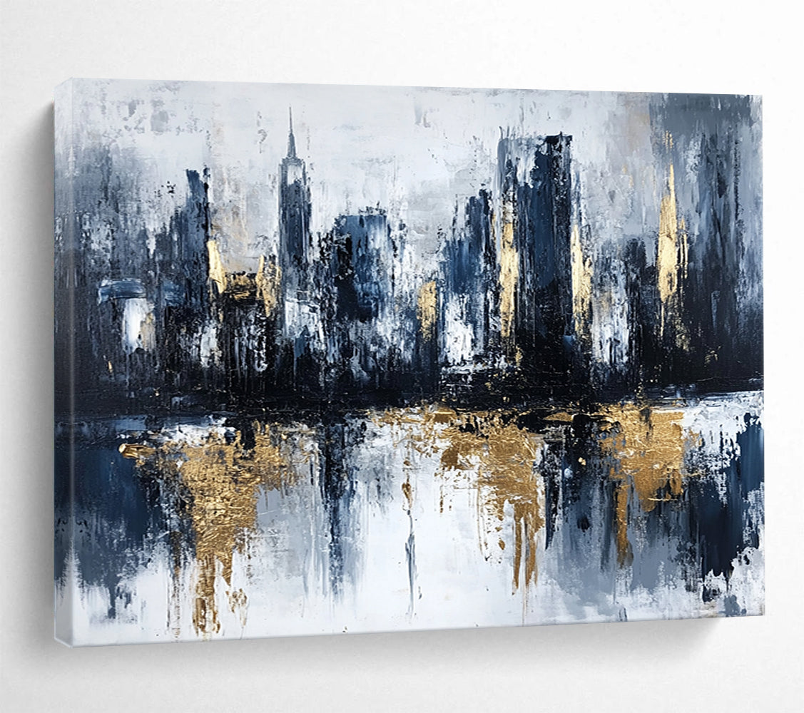 “Gilded City Skyline Reflection” - Gray, Blue, Gold, Abstract Cityscape with Water Mirroring Painting On Canvas HB1097