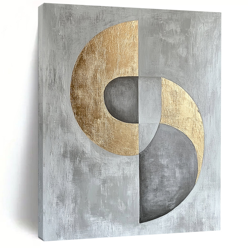 Gray, Silver and Gold Geometric Abstraction "Harmonious Circles" Painting On Canvas HB398
