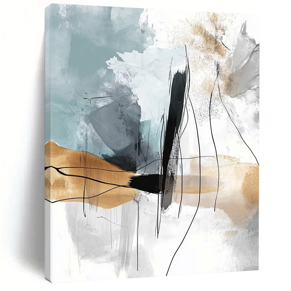 Large contemporary abstract painting featuring soft lines and shapes with a light gray-blue background and flowing watercolor effects in a warm beige palette. DLZ0769