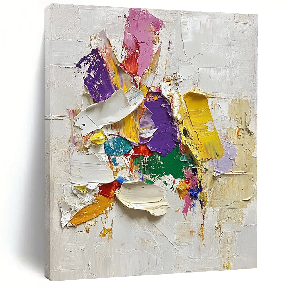 Contemporary hand-painted abstract art features vibrant paint strokes and thick oil textures on a white background with intricate details and soft edges. DLZ0578